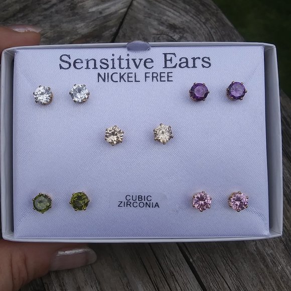 Sensitive ears nickel free cubic zirconia stud earrings 5 pairs - Picture 1 of 14